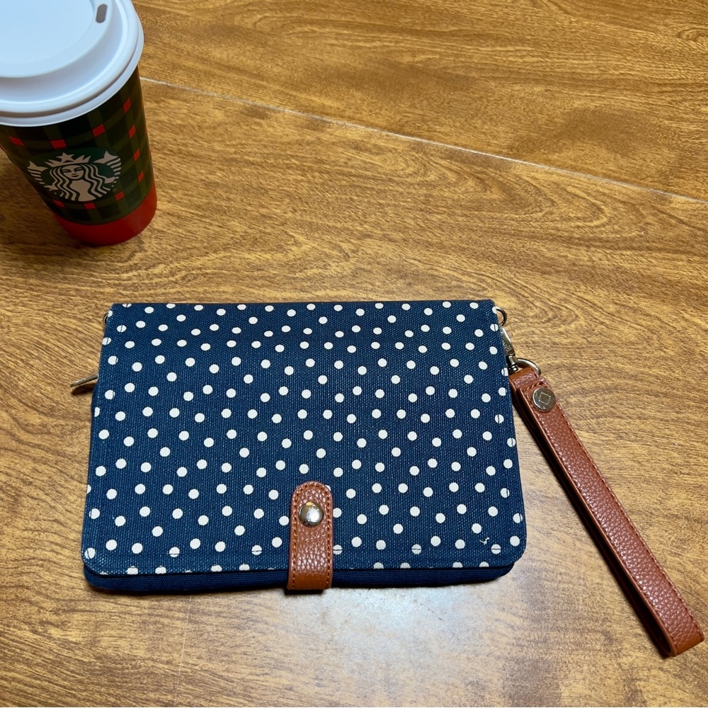 Jewell Women’s Blue Denim White Polkadots Pattern Button Zip Closure Wristlet